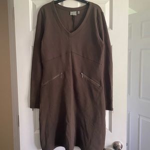 Athleta fleece dress Sz M brown taupe long sleeve athleisure v neck